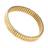 Gold tile stretch bracelet on white background. 9mm width. Gold plated over stainless steel with protective coating. Water and tarnish resistant.