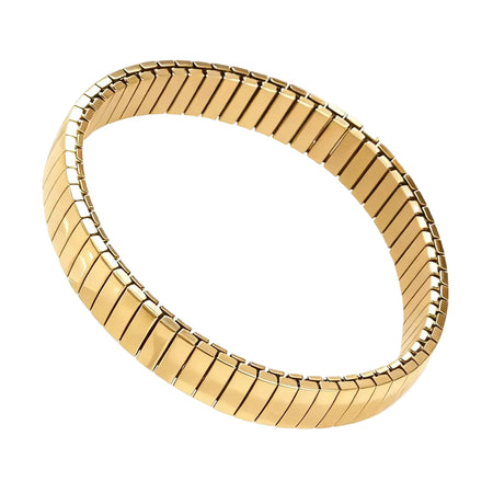 Gold tile stretch bracelet on white background. 9mm width. Gold plated over stainless steel with protective coating. Water and tarnish resistant.