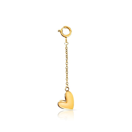 A golden puffy heart charm hanging from a delicate chain with a round clasp. Clasp allows you to layer the charm onto multiple chain styles so you can build your own charm necklace. Gold plated hypoallergenic stainless steel. Water, sweat and tarnish resistant jewelry. 5 cm x 1.54 cm