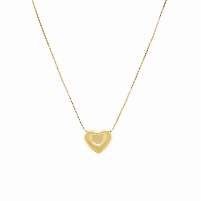 A gold-plated brass necklace featuring a puffy heart pendant on a chain. Pull adjuster allows you to wear from 16 inches or shorter.