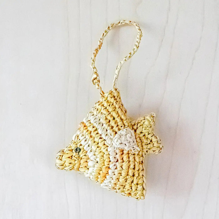 Yellow and white stripe fish bag charm hand crocheted in raffia. Gold lobster claw clasp attaches to bag.
