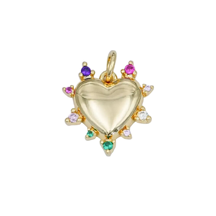 Gold heart-shaped charm pendant surrounded by colorful CZ gemstones on a white background.