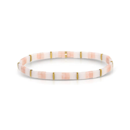 White, rose pink and gold stretch bracelet made with flat, square "Tila" beads. One size fits most.