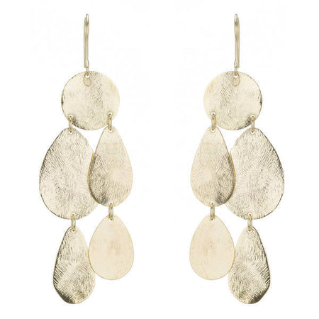A pair of gold hammered drop earrings with a circular disc and four teardrop-shaped pieces, shown against a white background. 18k gold plated over brass.
