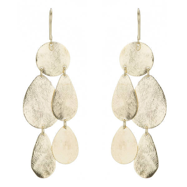 A pair of gold hammered drop earrings with a circular disc and four teardrop-shaped pieces, shown against a white background. 18k gold plated over brass.