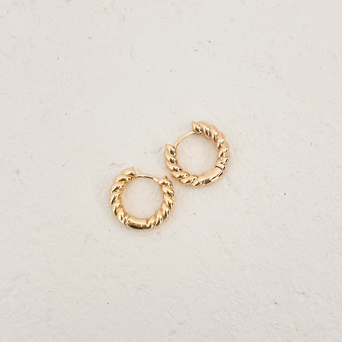 Gold filled "Croissant" hoop earrings. Pair of clicker hoops. .75" diameter.