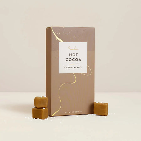Box of Salted Caramel hot cocoa mix in a luxe neutral box. 2.5 oz.