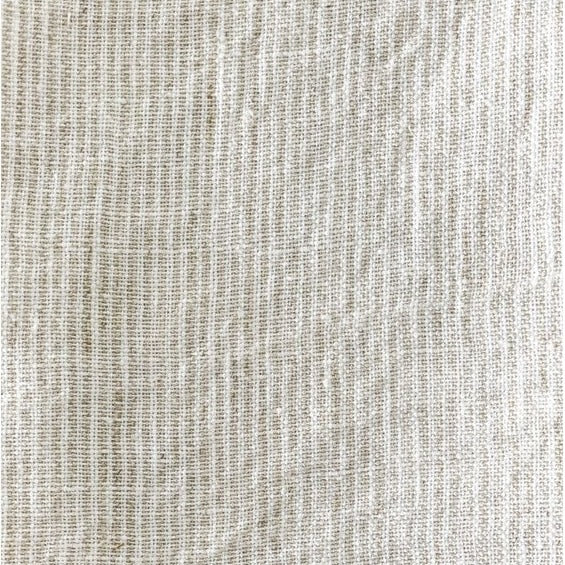 Sand and white stripe linen napkin close up. 20" square napkin with frayed edges made of 100% linen. Sold as a set of 4.