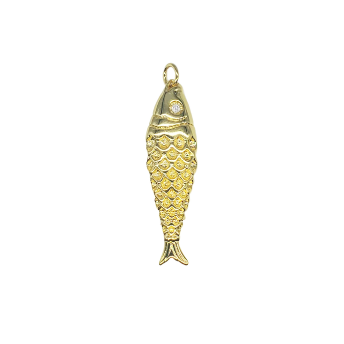 Golden fish shaped charm with a clear CZ stone as the eye. Water resistant  and tarnish free. 1.5 inch length.
