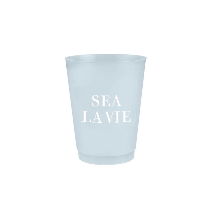 Light blue plastic cup with "Sea La Vie" printed in white. Sold as a pack of 8. Holds 16 oz.