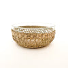Clear glass serving bowl with an intricately woven natural seagrass "cage". 9.75" diameter, 4 3/8" depth. 