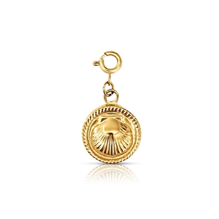 A round medallion style charm embossed with the shape of a seashell framed with a twisted rope motif. Hangs from a round clasp closure intended to layer onto multiple chain styles for a build your own charm necklace. Gold plated hypoallergenic stainless steel. Water, sweat and tarnish resistant. 28mm x 15mm