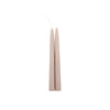 Set of 2 hand dipped taper candles in a soft greige color. 9 inch length with a standard 7/8 inch base. Made of high grade paraffin wax in the U.S. with a cotton wick for a clean burn.
