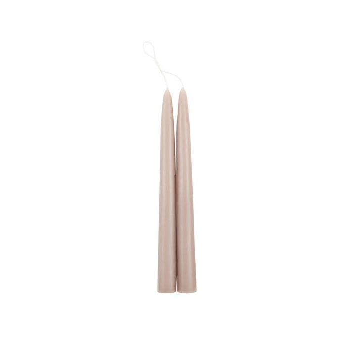 Set of 2 hand dipped taper candles in a soft greige color. 9 inch length with a standard 7/8 inch base. Made of high grade paraffin wax in the U.S. with a cotton wick for a clean burn.