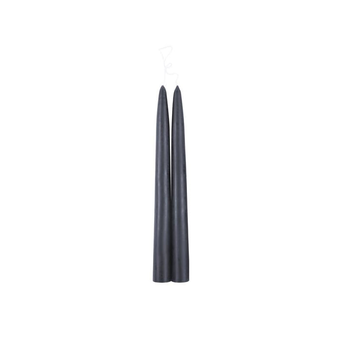 Set of 2 hand dipped taper candles in Heron, a blue-grey color. 9 inch length with a standard 7/8 inch base. Made of high grade paraffin wax in the U.S. with a cotton wick for a clean burn.