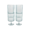 Two stacks of pale blue fluted wine goblets. Made of reuasable acrylic, ideal for outdoor entertaining. Sold as a set of 4. Each holds 15 oz.