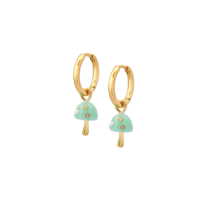 Shrooms Earrings. Pair of tiny sky blue mushroom charms with delicate pink and yellow CZ stones and a white pearl hangs from  delicate gold clicker hoop earrings. Total earring length 1", hoop diameter 1/2", mushroom charm 3/8" length.