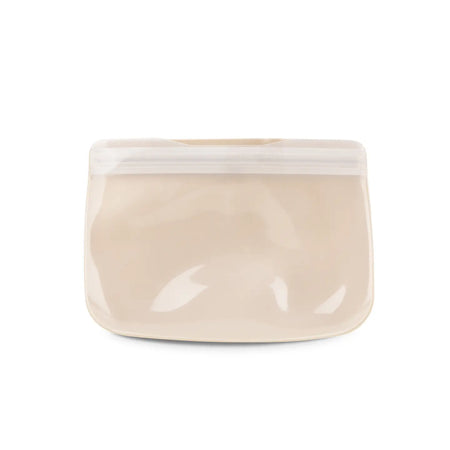 Beige silicon snack pouch. Clear front, beige back. Reusable, zip pouch for snacks. 10 oz.