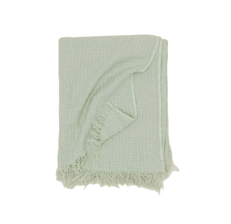 100% linen waffle weave throw by Hawkins NY in a soft sage green. Frayed edges add texture to each end. Measures 50 x 70 inches.