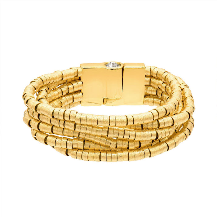 A gold multi-strand beaded wrap bracelet with a rectangular gold magnetic clasp  shown on a plain white background. Designed by Marcia Moran. 18k gold plated over brass.