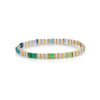 White, gold and mulit color greens and blues stretch bracelet made using flat, square "Tila" beads. One size fits most.