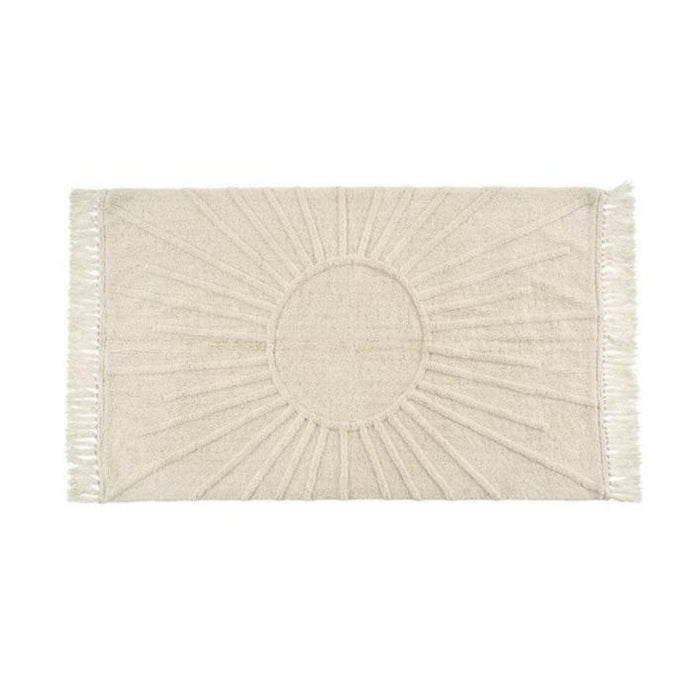 Sunshine rug. Softly tufted cream rug featuring a tufted sun with rays. Made of tufted cotton with hand knotted tassel fringe on each end. Measures 50" x 30". Machine wash cold, tumble dry low.