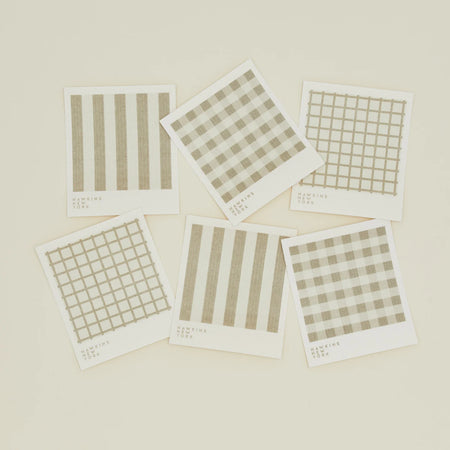 Six Swedish dishclothes in white and flax. 2 gingham, 2 stripes and 2 checks. Reusable and fully compostable. Made of 70% cellulose and 30% cotton. 