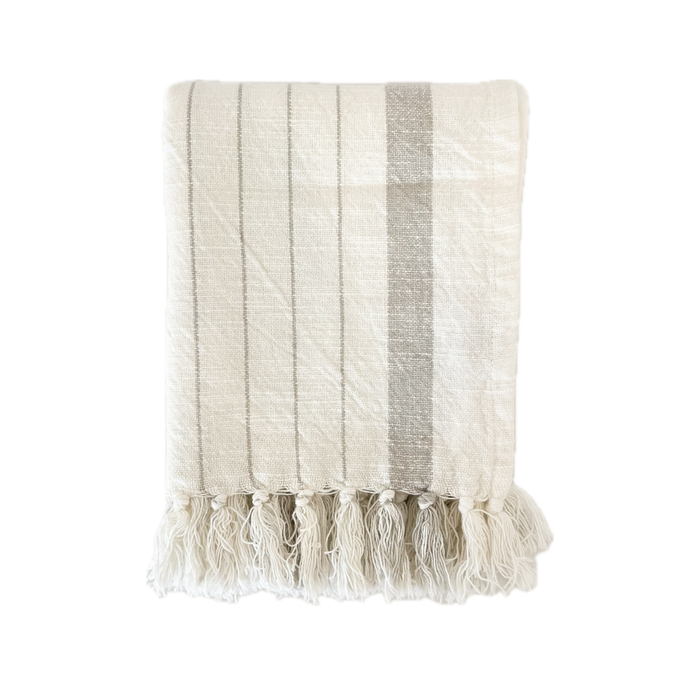 Sydney pinstripe hand towel with thick border stripe in ecru and sand. 100% cotton flat weave Turkish towel with hand knotted fringe tassels. Measures 20" x 28".