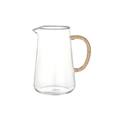 Clear glass pitcher with a rattan wrapped handle on a white background. Holds 37 fl oz.
