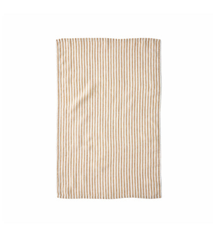 100% linen tea towel in off white and sand (dune) bengal stripe. 21 x 31 inches.