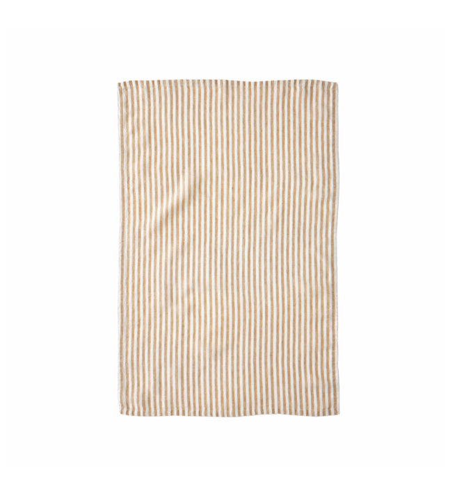 100% linen tea towel in off white and sand (dune) bengal stripe. 21 x 31 inches.