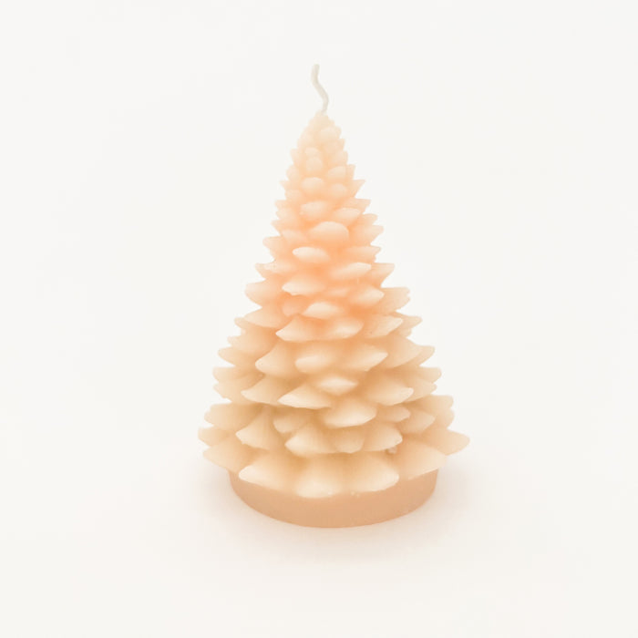 Tree shaped candle hand poured in a soft taupe color. Unscented. Measures 5"H x 3.75" diameter.