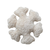 Cream tufted pillow in the shape of a snowflake. 15" diameter, 4" thick.