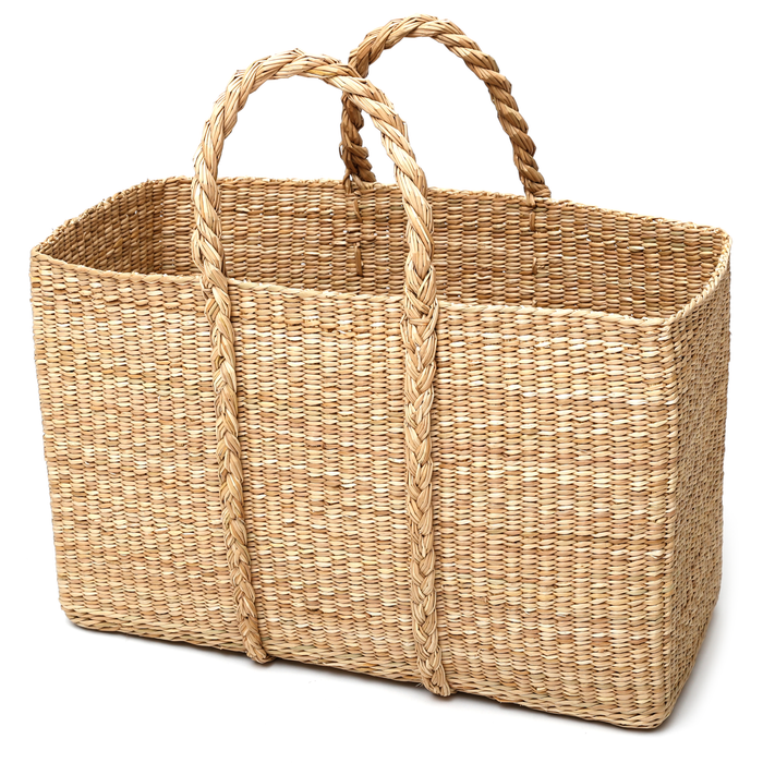 Woven palm basket, rectangular shape with handles on a white background.