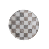 Round concave cutting  board/tray with 1" checkerboard pattern in white and buff grey marble.  A luxe accent for the bar or kitchen. 8" diameter x 1" high