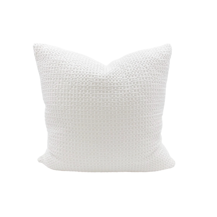 White Waffle Weave Euro Pillow. Measures 26" square with hidden zipper on bottom hem. Made of soft 100% cotton in waffle weave with a down insert. Cover is machine washable, machine dry low heat.