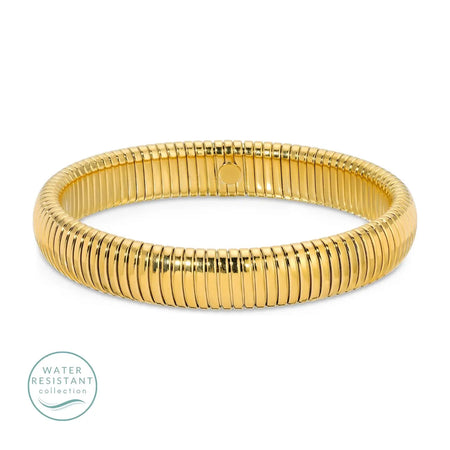 Gold coil bangle. Waterproof. 18K gold PVD plating over premium stainless steel. .46 inch width. 7.5 inch circumference.
