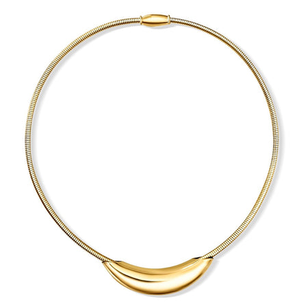 Winslet Necklace. A sleek rounded snake chain choker with a deco inspired crescent shaped charm. Magnetic closure. Made of hypoallergenic stainless steel with gold plating. Water, sweat and tarnish resistant. Measures 16" length, pendant is 5.5 cm across.