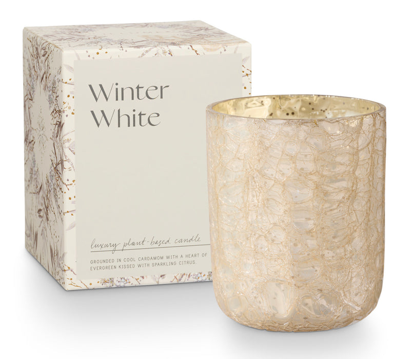 Boxed Winter White holiday candle by Illume. Fragrance grounded in warm cardamom with a heart of evergreen kissed with a light sparkling citrus. Clean burning, luxury plant-based candle hand poured in a shimmering champagne crackled glass vessel. 8.3 oz/235g.