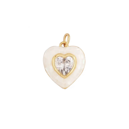 White heart shaped charm with a sparkling clear Zircon heart shaped cut stone. Water resistant and tarnish free. 3/8 inch width 1/2 inch length.