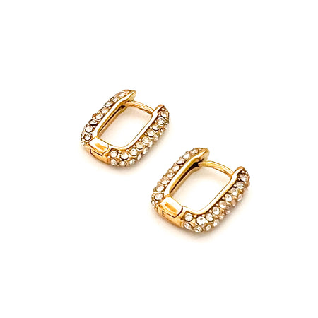 Zoe Earrings. Pair of small rectangular gold huggie hoops with sparkling pave' stones. Clicker closure. 5/8" length x 1/2" wide. Made of gold plated hypoallergenic stainless steel with clear CZ stones.