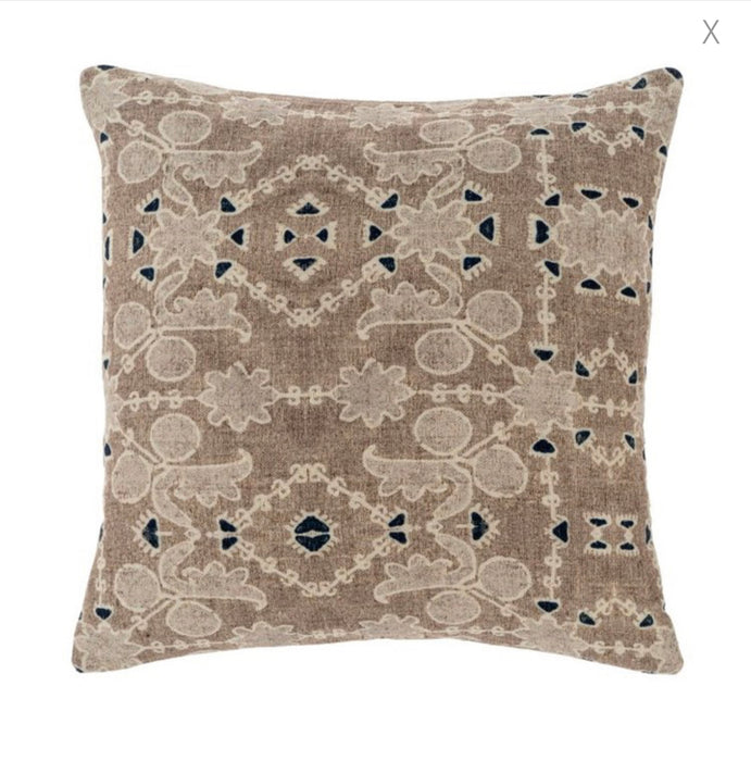 Ina 20" square printed pillow. Front is a soft graphic Indian print grounded in warm taupe with ecru, light taupe and indigo accents. Back is solid flax colored cotton with zip closure. Down insert included.
