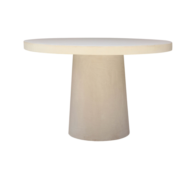 48 inch round pedestal dining table. White limewash plaster finish over MDF. Crafted in the Netherlands.