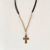 Ancient cross necklace. Vintage inspired cross on gold chain and strung from a double layer of black onyx beads. 14k gold plating on 925 silver. 24" length. Made by Bittersweet Designs.