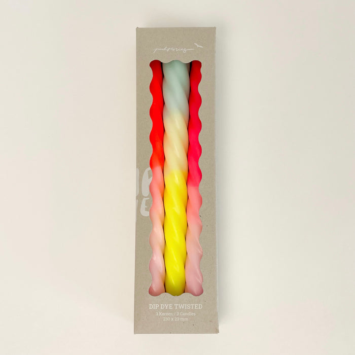 Set of 3, "Tutti Frutti" Dip Dye Twisted Candles come packaged in a box perfect as a hostess gift. Candles are hand dipped in a range of soft pink, day glow orange and neon. Candles measure 9" length, 3/4" diameter.