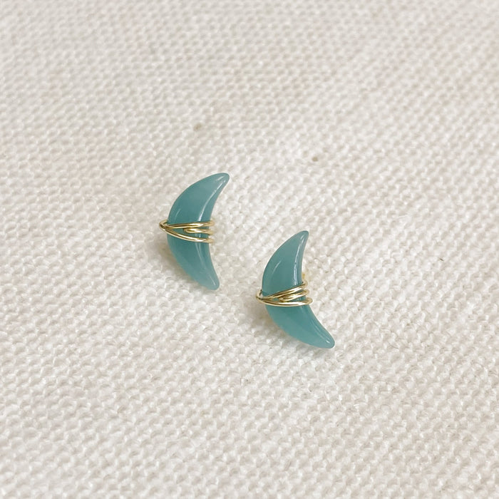 Small amazonite stone moon earrings wrapped in a  gold vermeil wire. This watery blue stone is considered the stone of hope. Hand-crafted in 18 kt gold vermeil with a sterling silver base.