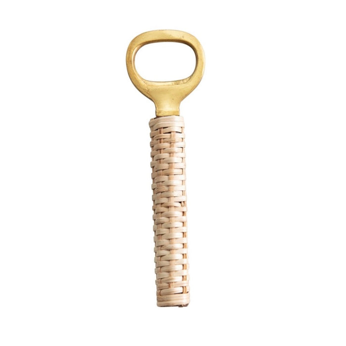 Boho chic bottle opener. Made of brass with wood handle, hand wrapped in rattan. 6" length