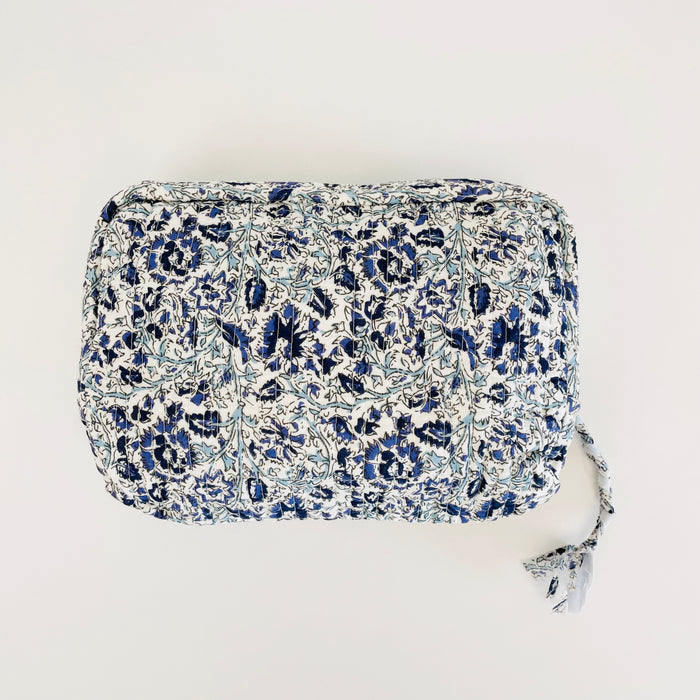 Travel Pouch in "dusty indigo floral" block print from By the Sea Organics. 100% organic cotton. 10" x 7"