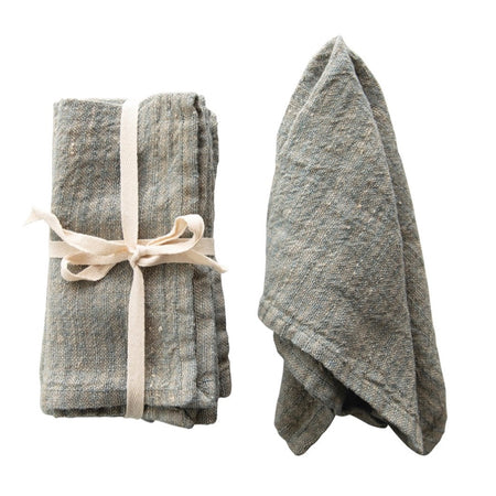 Set of 4 rustic linen napkins in a cross of sea foam blue and flax linen.  Perfect for the natural table setting with just a hint of color. 18" square.