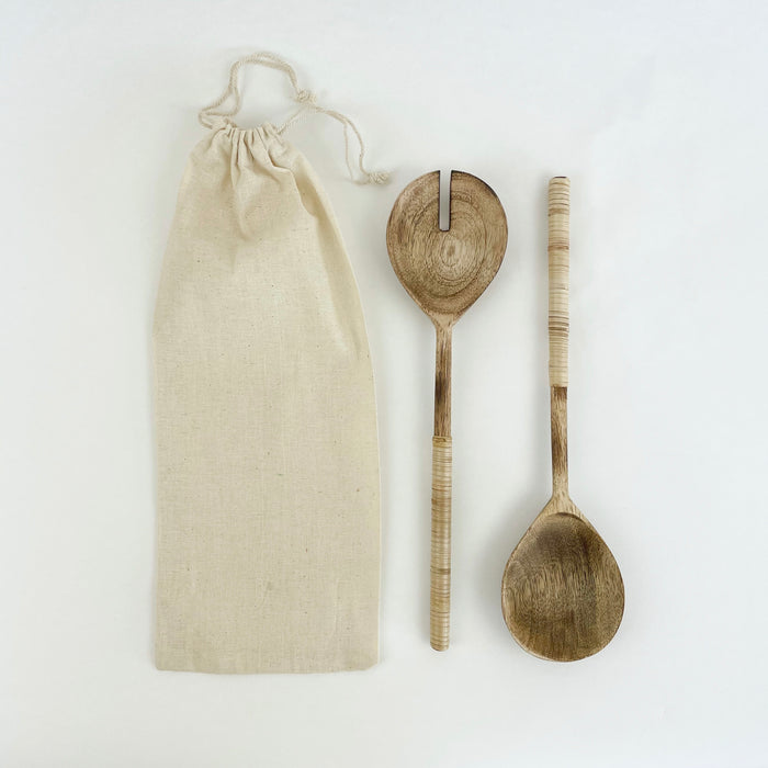 Wood Salad Servers with Rattan Wrapped Handle